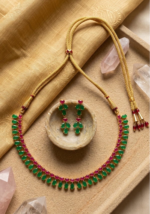 Gold Plated Green and Magenta Necklace Set