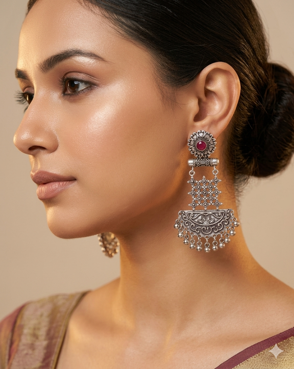 Long Traditional Oxidized Hanging Earrings