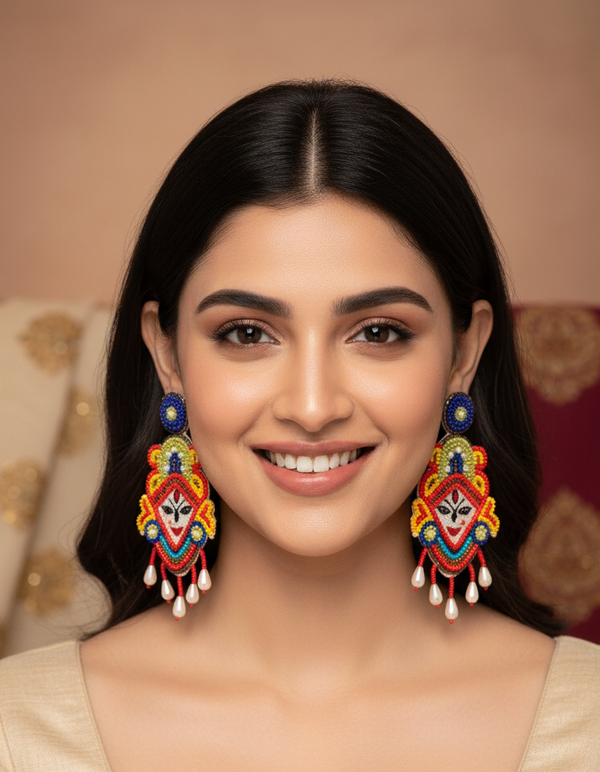 Colorful Beaded Maa Durga Earrings