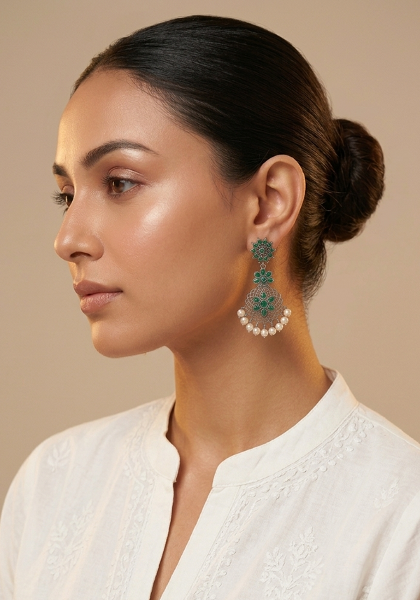 Floral Pearl Drop Oxidized Earrings