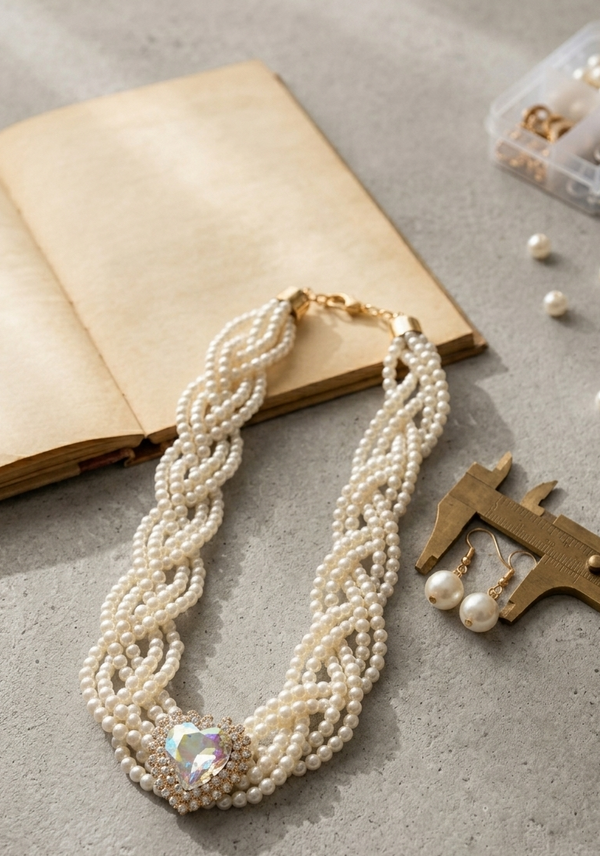 Pearl Braid With Heart Necklace Set