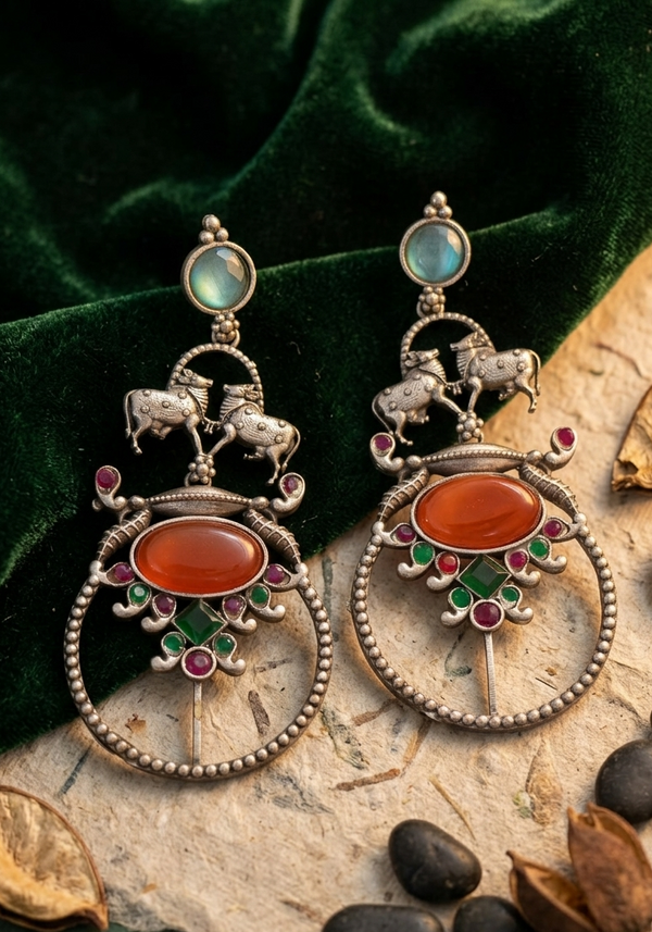 Oxidized Cow Shaped Long Earring