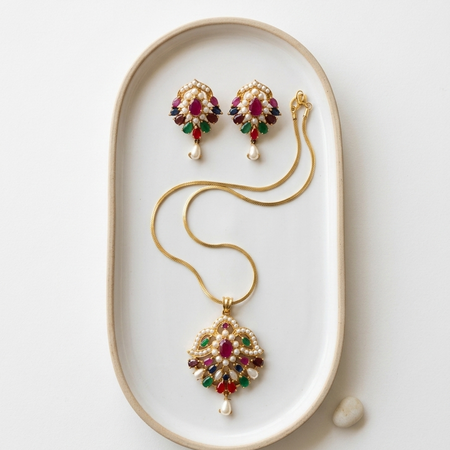 Multi Stones with Pearl Pendant