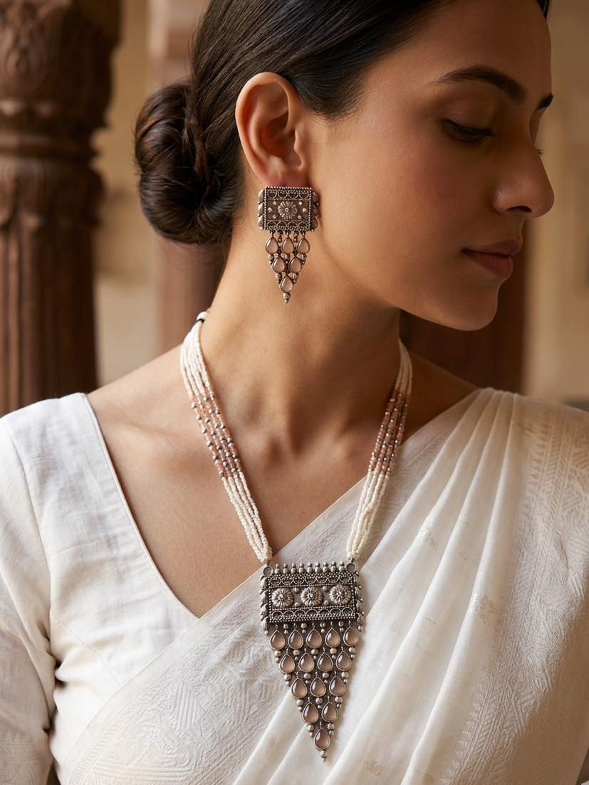 Afghani Tribal Antique Boho Pink Stone Pearl Necklace with Earrings