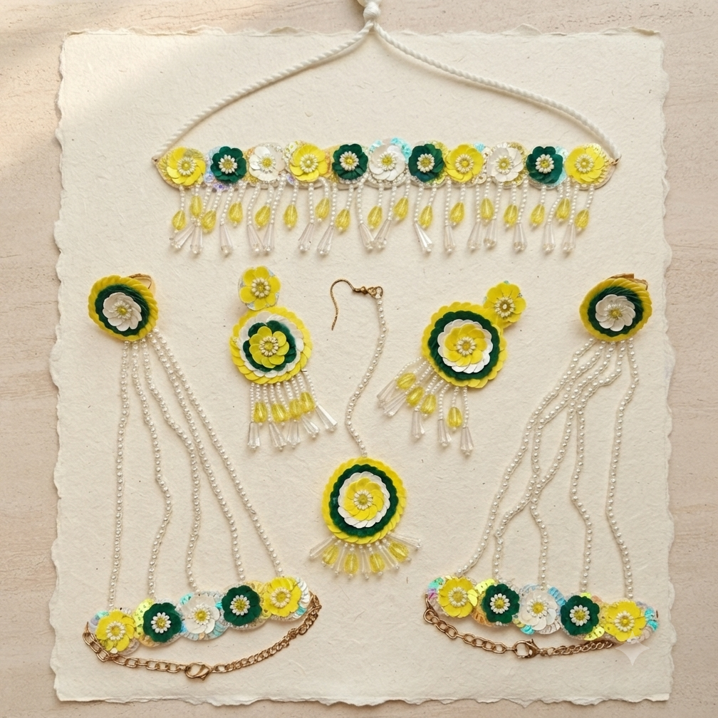 Handmade Yellow-Green Floral Beaded Jewellery Set for Haldi and Mehndi