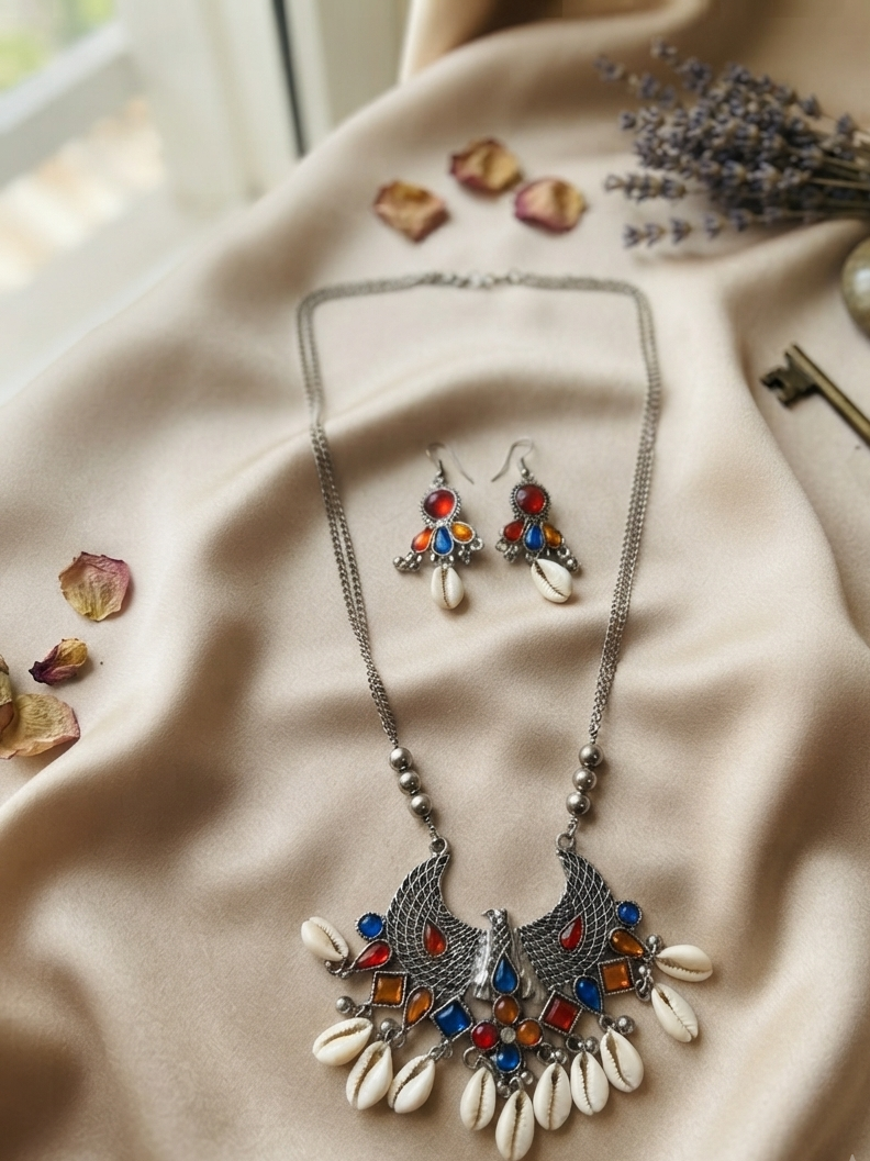 Oxidized Long Necklace with Shell