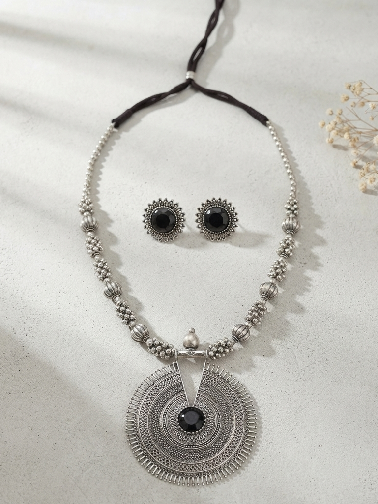 Oxidized Long Black Stone Necklace Earrings Set