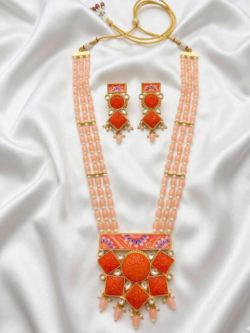 Beaded Kundan Long Necklace Set