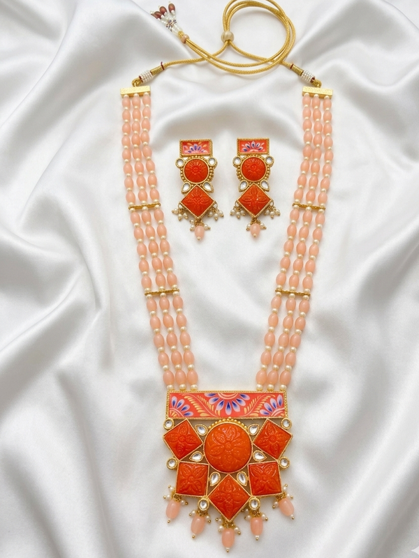 Beaded Kundan Long Necklace Set