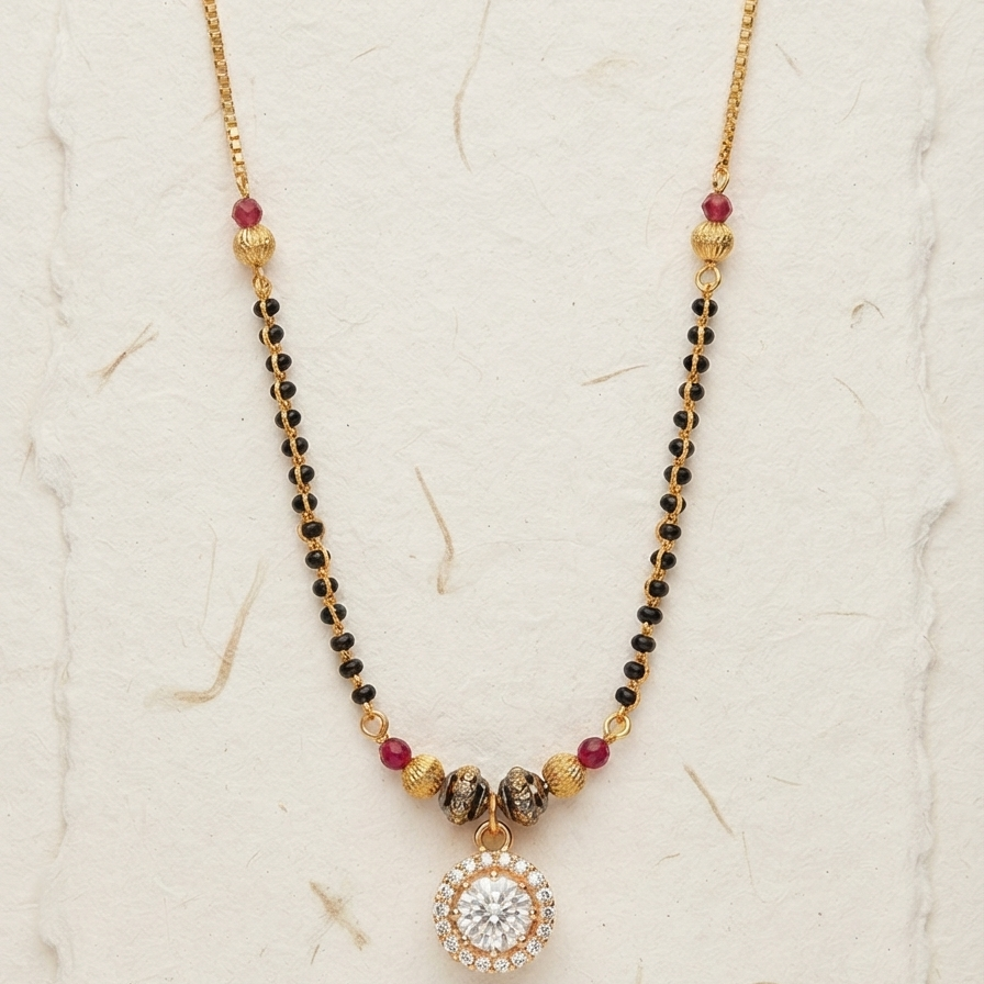 Diamond Studded Mangalsutra Gold Chain And Black Pearl