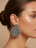 Round Black White Beaded Earrings