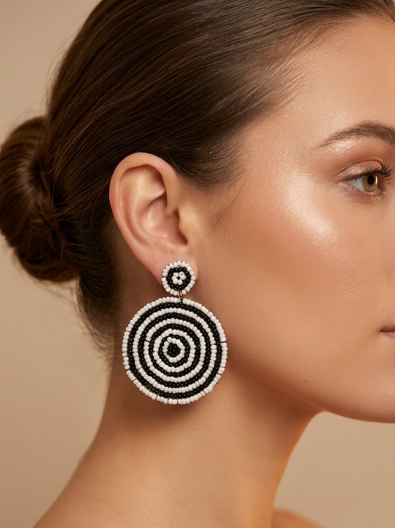 Round Black White Beaded Earrings