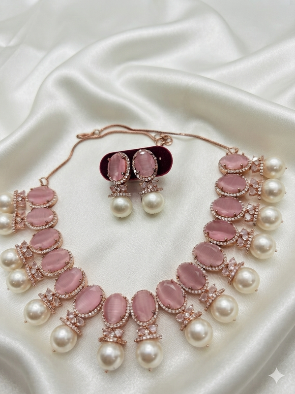 Pink Tone American Diamond Studded Necklace Set