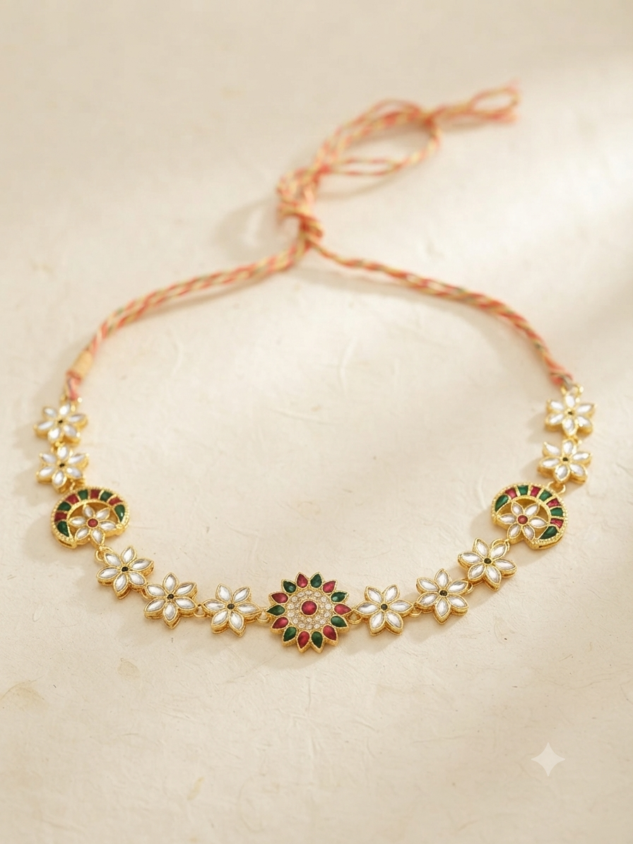 Meraki Gold Plated Diamond Studded Halfmoon and Flower Shaped Mathapatti