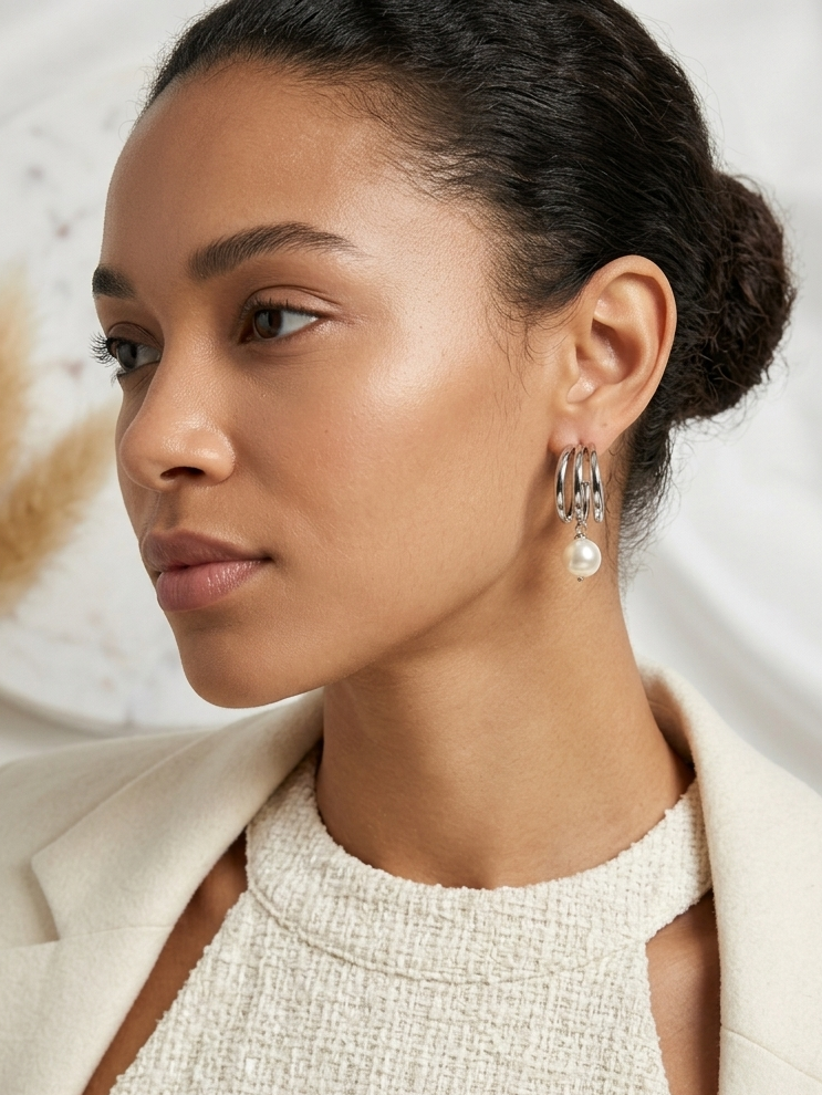 Multi Layer Hoop Silver Pearl Drop Earrings