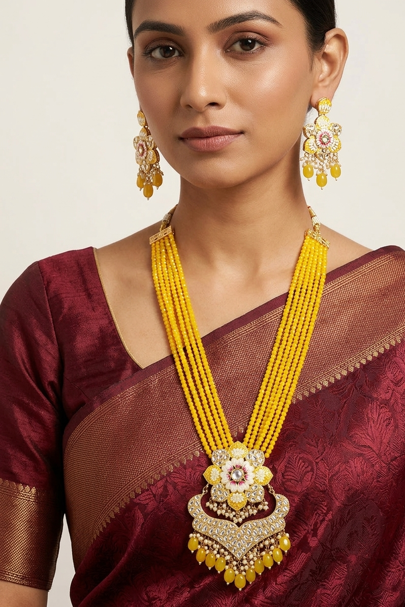 Flower Design Kundan Long Necklace Set