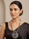 Oxidized Long Black Stone Necklace Earrings Set