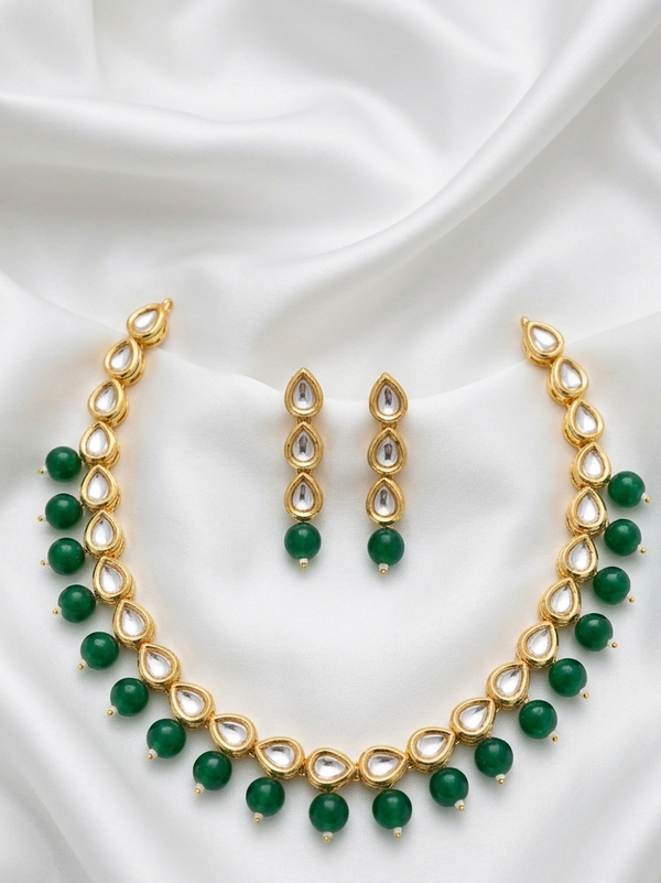 Meraki Kundan Set with Green Beads On Back Minakari Work