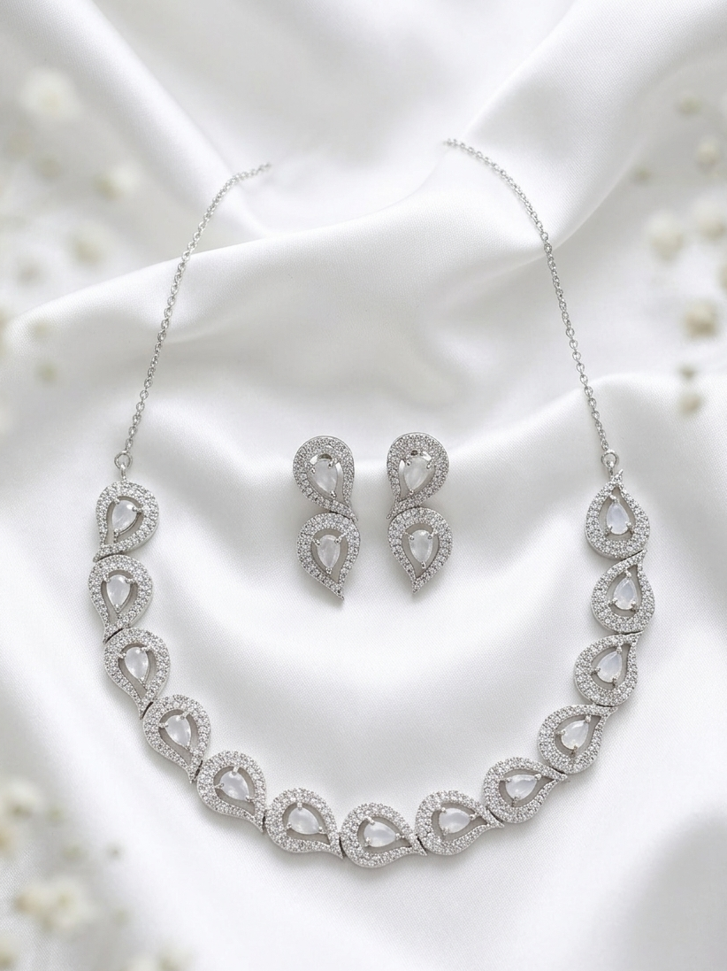 Rhodium Plated Zircon Studded Necklace Set