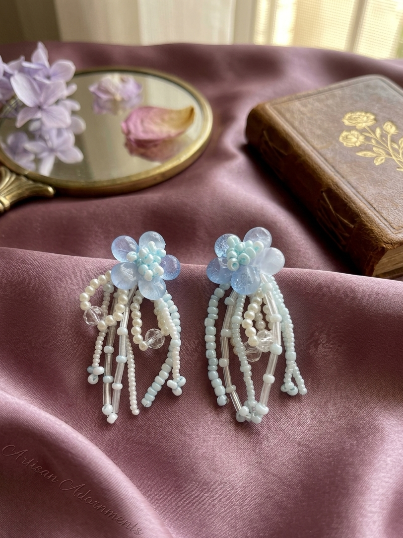 Pretty Blue Flower Beaded Earring
