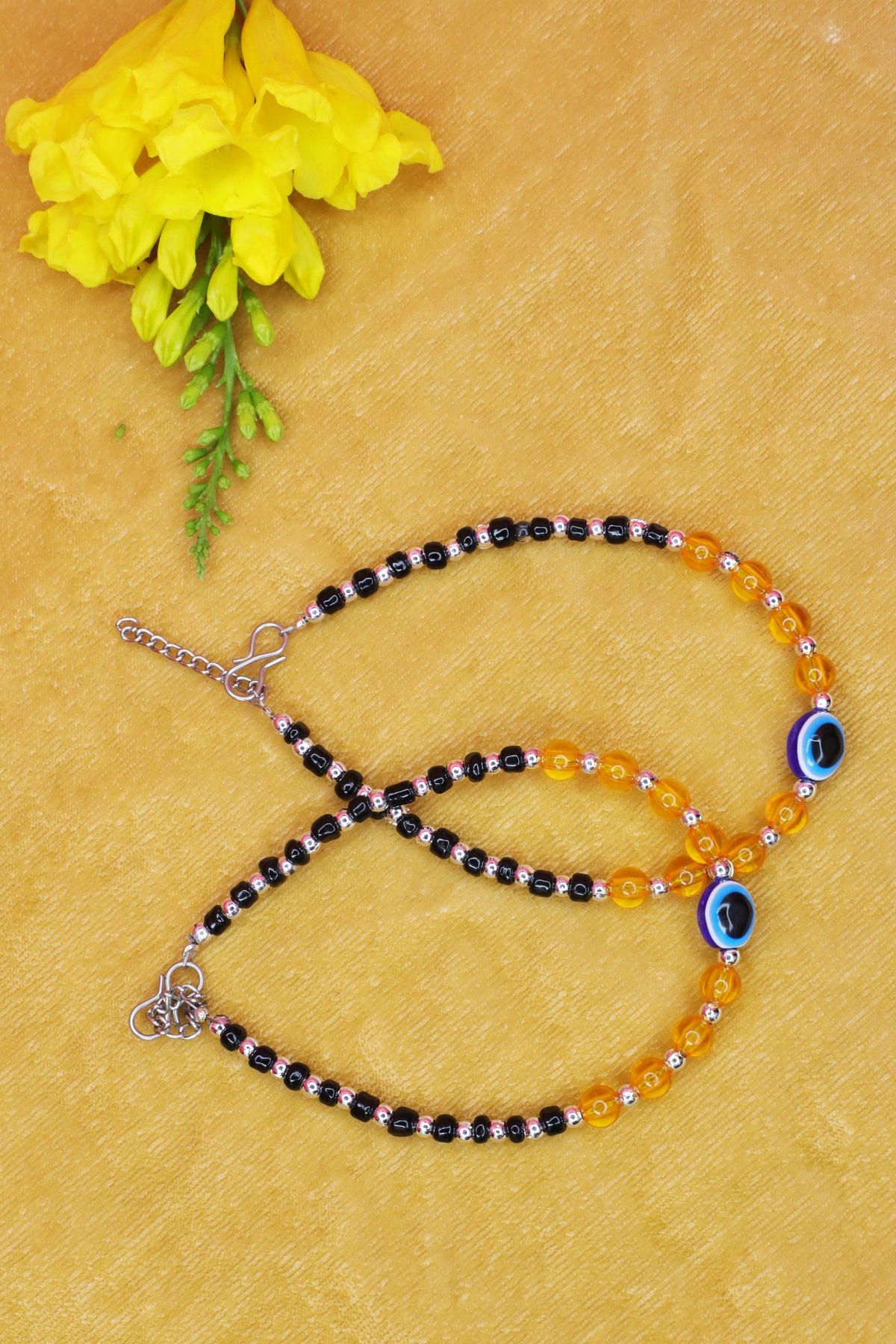 Colorful and Black Beads Silver Anklet