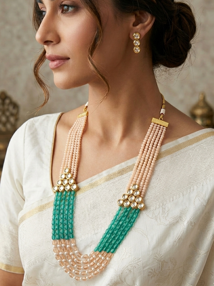 Light Green Crystal with Multi String And Kundan Necklace Set for Women