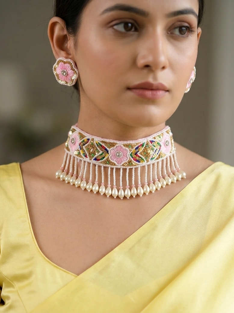 Beaded Pearl Choker Set for Haldi & Mehndi Occasions