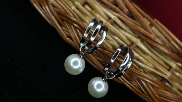 Multi Layer Hoop Silver Pearl Drop Earrings