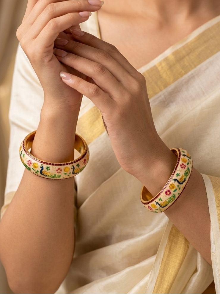 Peacock Design Meenakari White Bangles