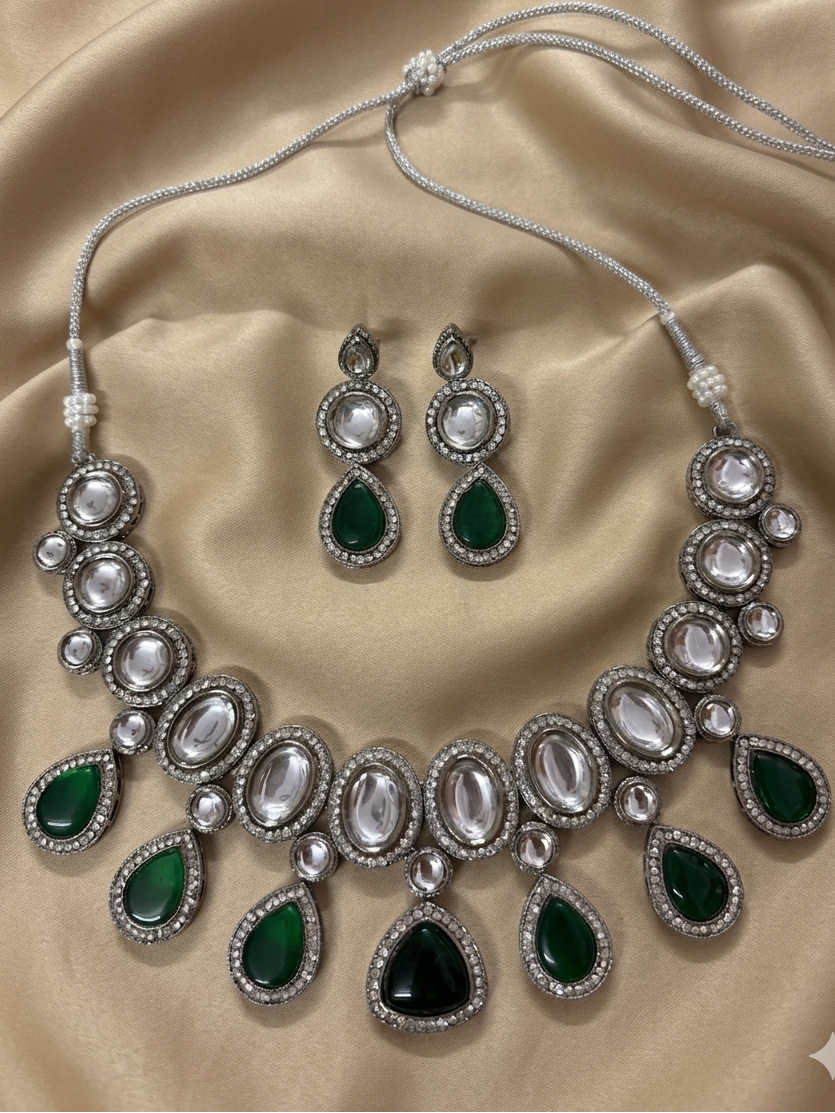 Kundan Polki Plated Emerald Green Zirconia Droplet Necklace Set