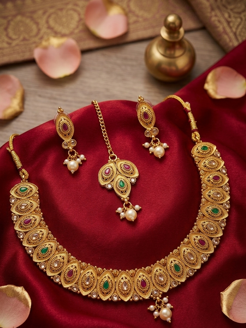 Meraki Gold Plated Mango Shaped Multicolor Choker Set
