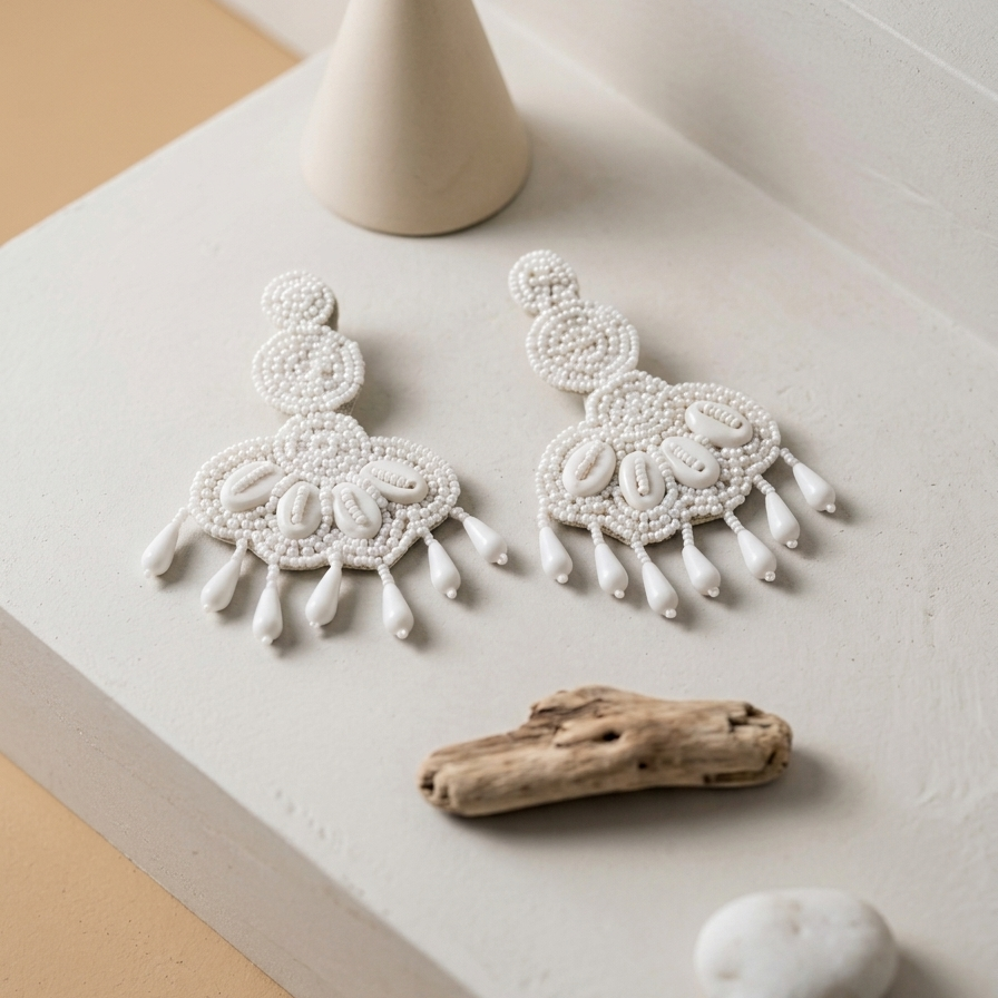 White Beads Shell Earring