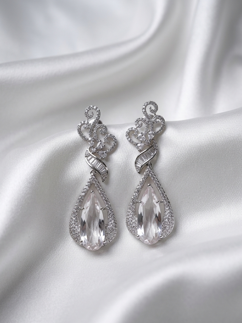 Meraki Silver American Diamond Embellish Drop Earring