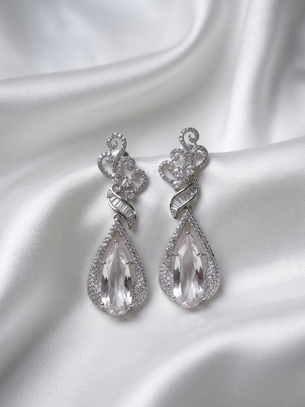 Meraki Silver American Diamond Embellish Drop Earring
