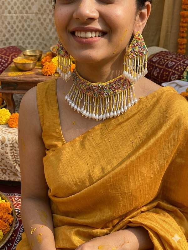 Handmade Haldi ceremony Choker Set With Colourful Sequences