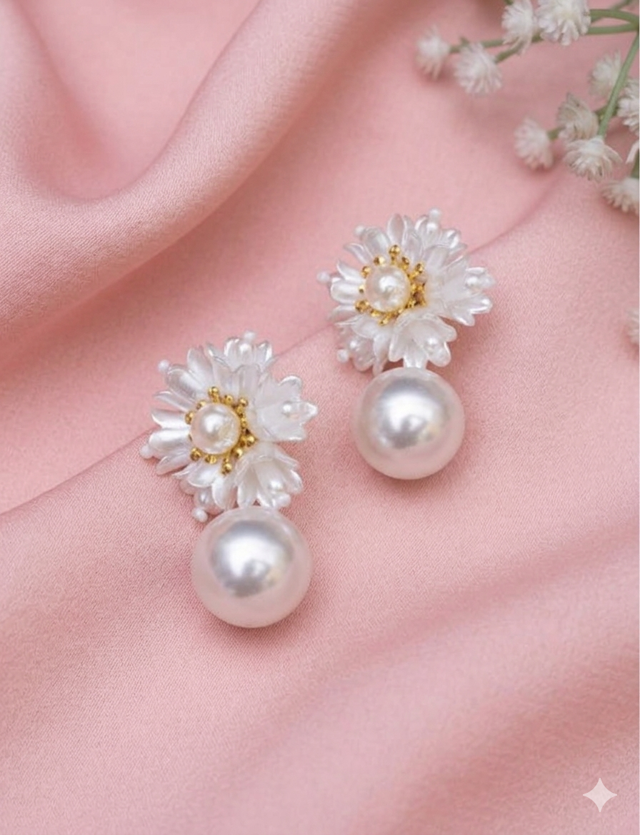 Flower Pearl Drop White Earrings