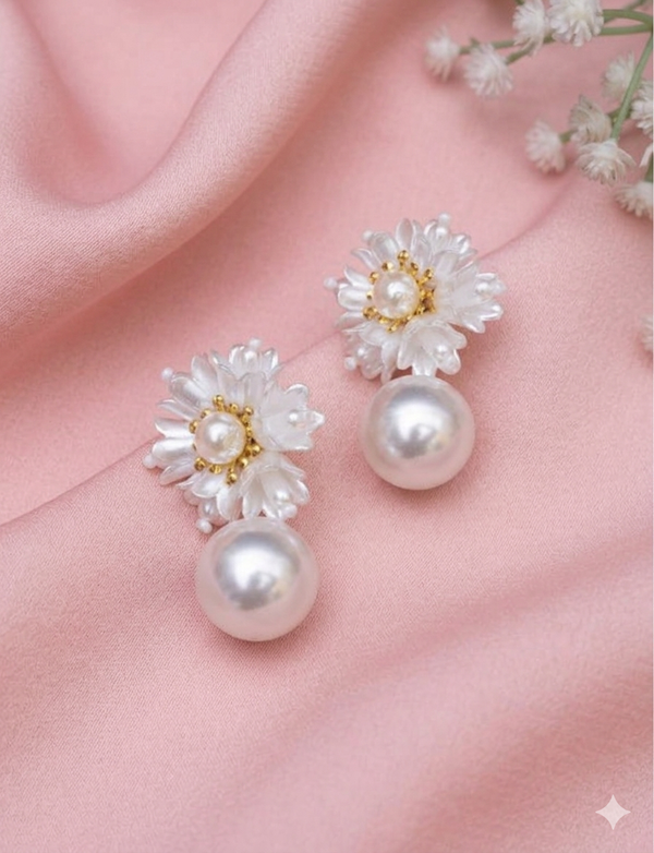 Flower Pearl Drop White Earrings