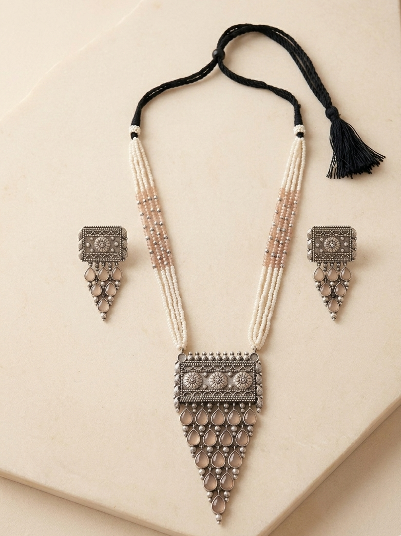 Afghani Tribal Antique Boho Pink Stone Pearl Necklace with Earrings