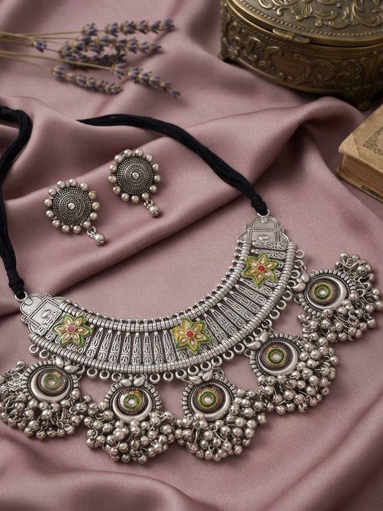Oxidized Ghungroo Style Choker with Green Color Flower
