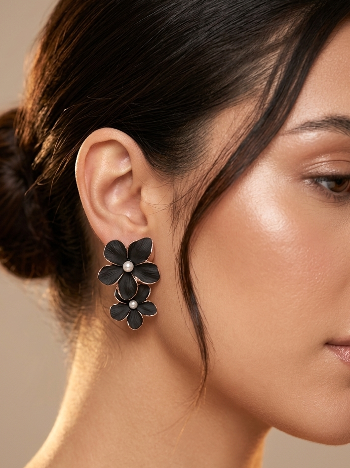 Black Dual Flower Earrings