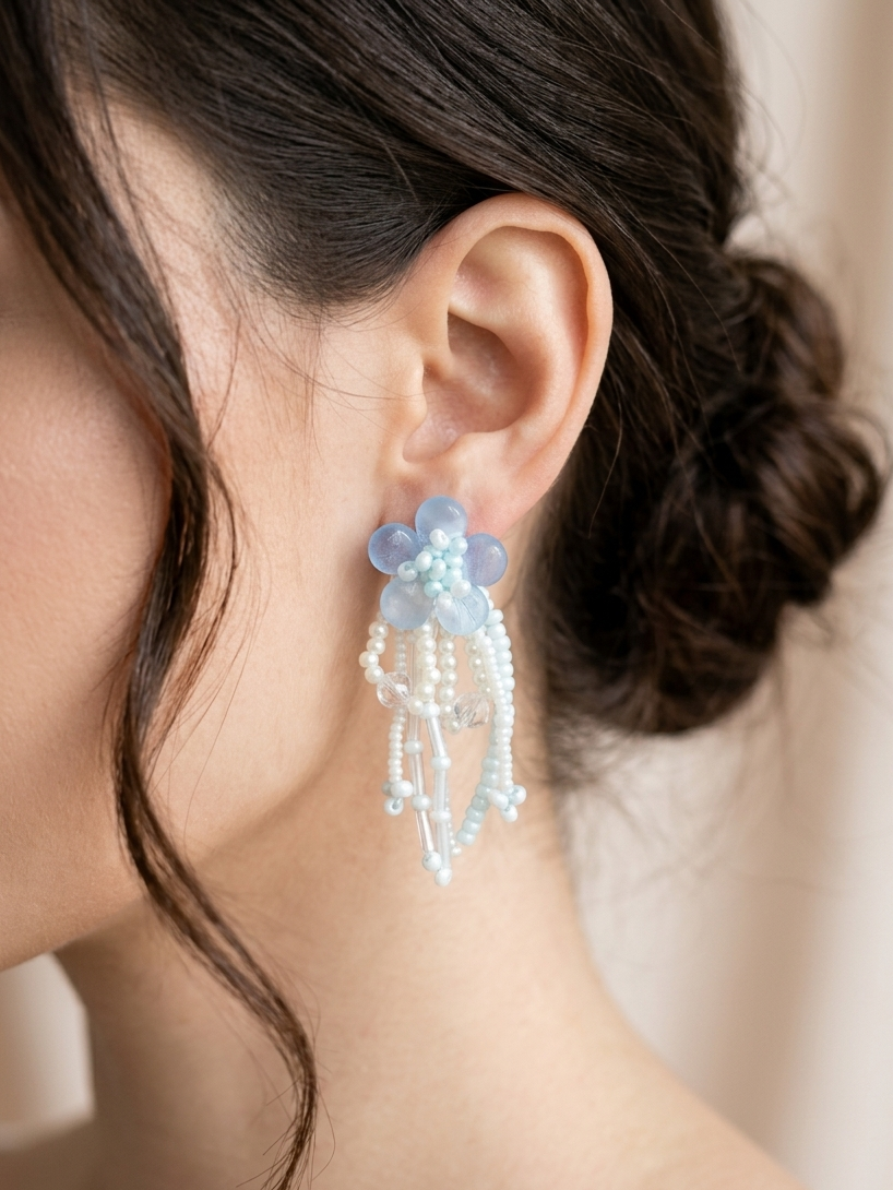 Pretty Blue Flower Beaded Earring