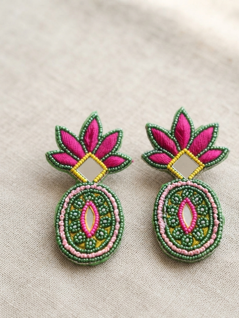 Multicolor Handmade Embroidered Pineapple Earrings