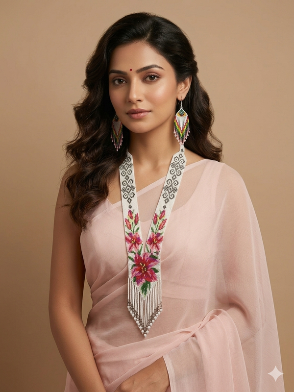 White Pink Beaded Handmade Neckpiece