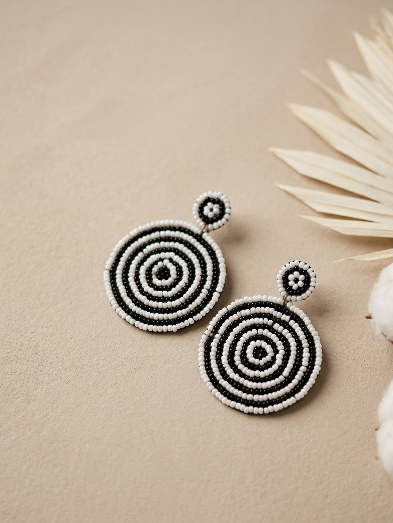 Round Black White Beaded Earrings