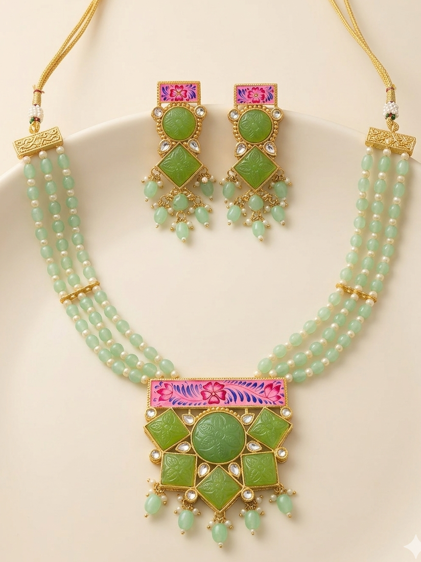 Beaded Kundan Long Necklace Set