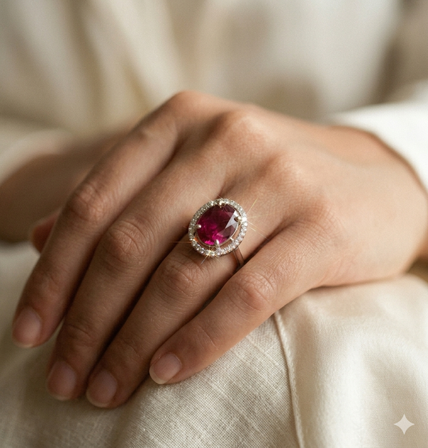 Sterling Wine Stone Diamond Ring