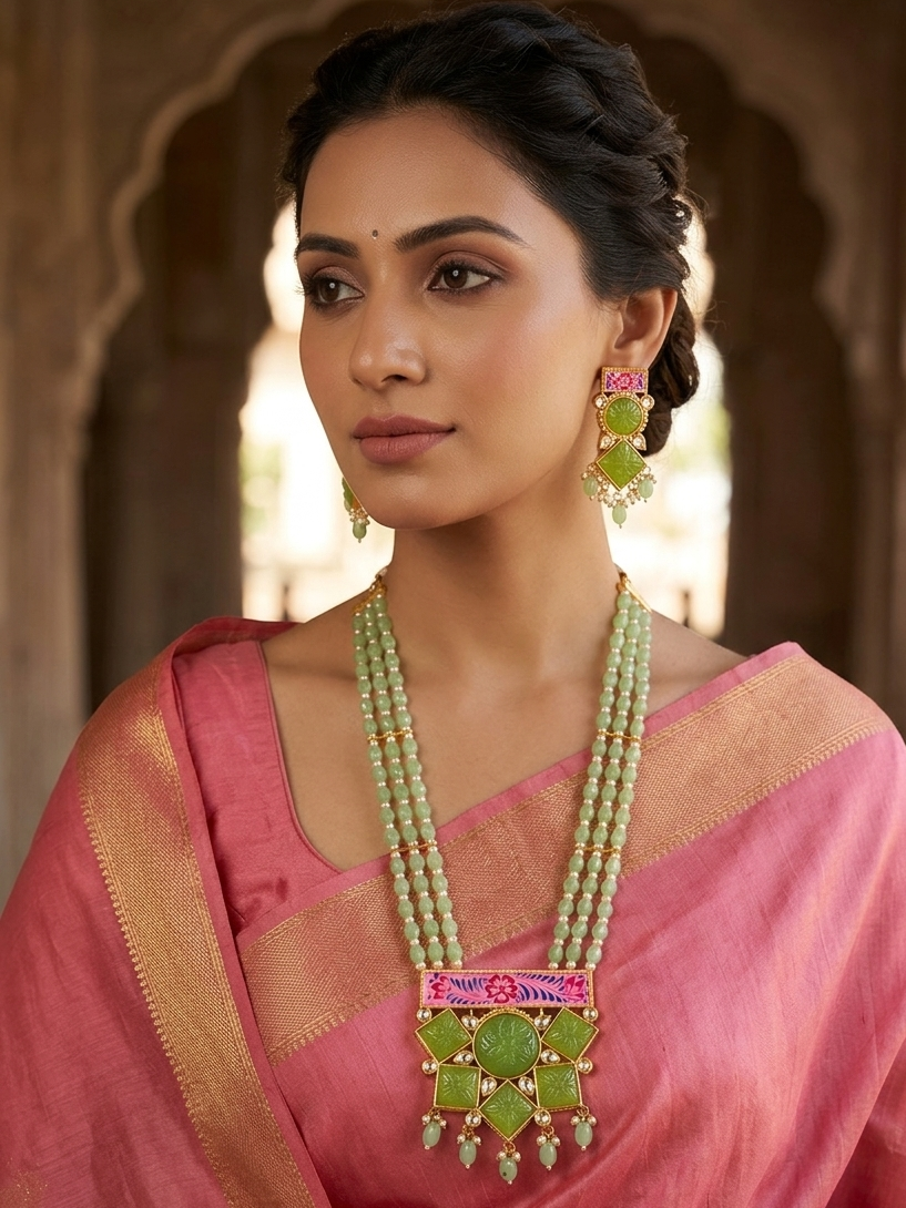 Beaded Kundan Long Necklace Set