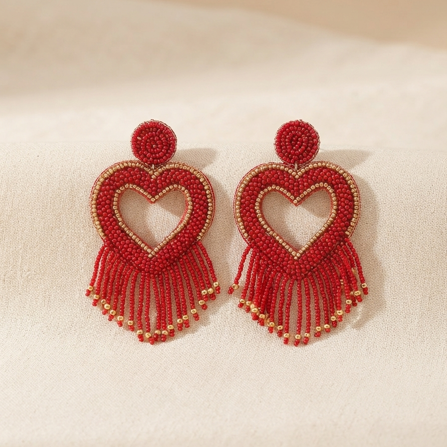 Red Heart Danglers Beaded Earrings