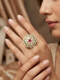 Meraki Jaipuri Green Gold Tone Kundan Adjustable Ring