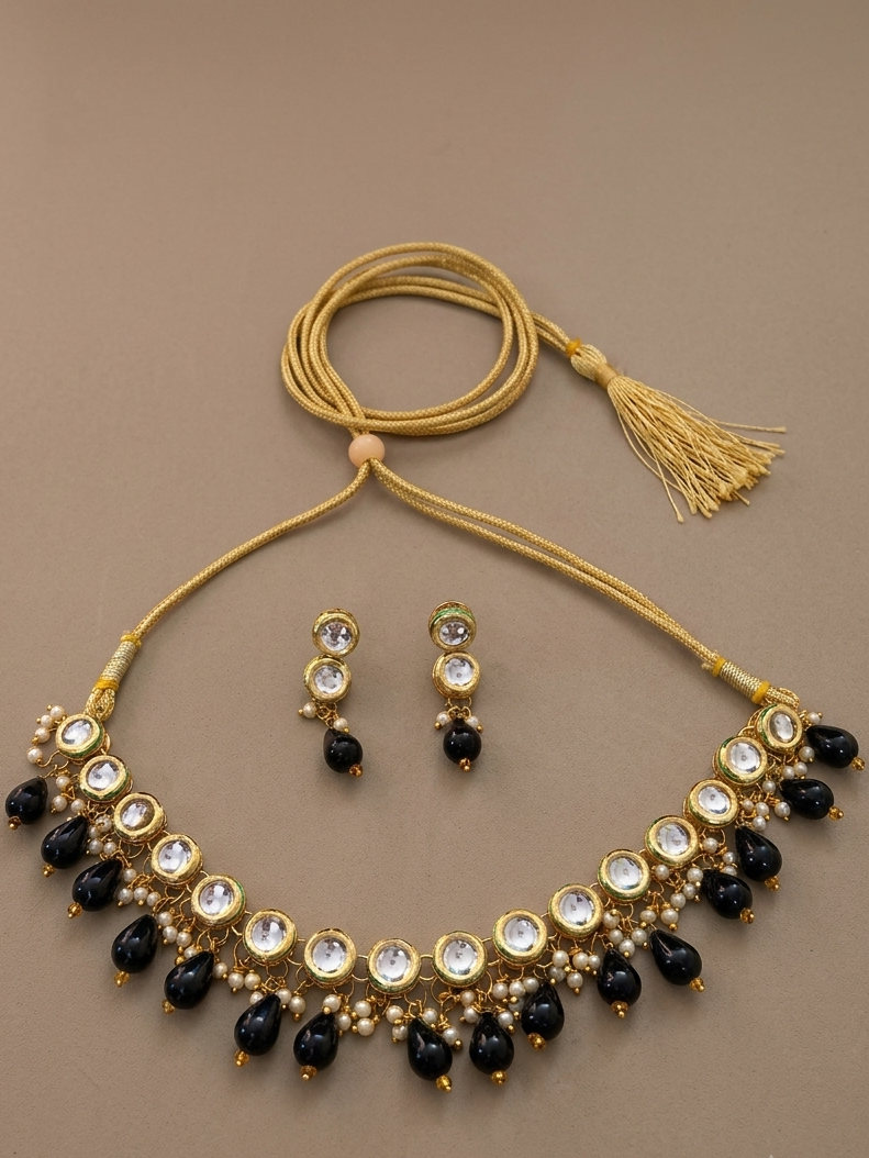 Meraki High Quality Kundan Polki Choker Set With Black Beads
